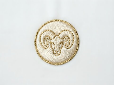 Embroidered ram head with curved horns in gold thread on white fabric