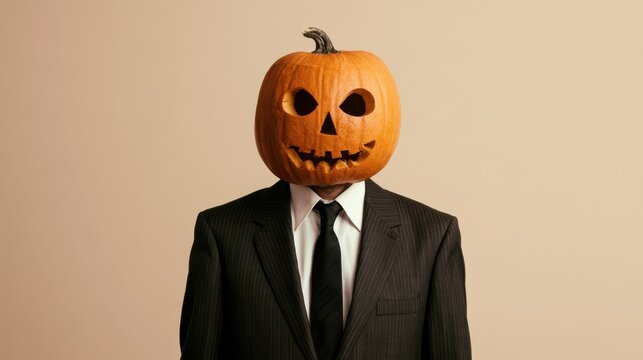 Man wearing a dark suit with white shirt and black tie with a carved pumpkin head jack-o-lantern on beige background Halloween costume concept
