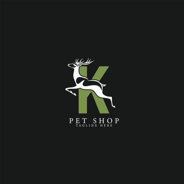 Letter K Logo with Deer Art. Alphabet K wildlife Icon Design