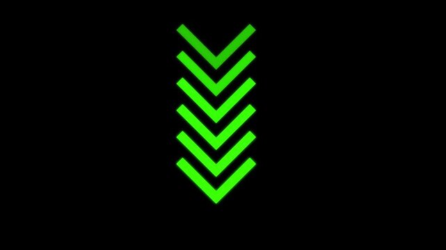 Green colour icon down arrow animation on black background. direction arrow icon motion. up to down arrow isolated,  Animated arrows for the overlay video layer. 4k animation.