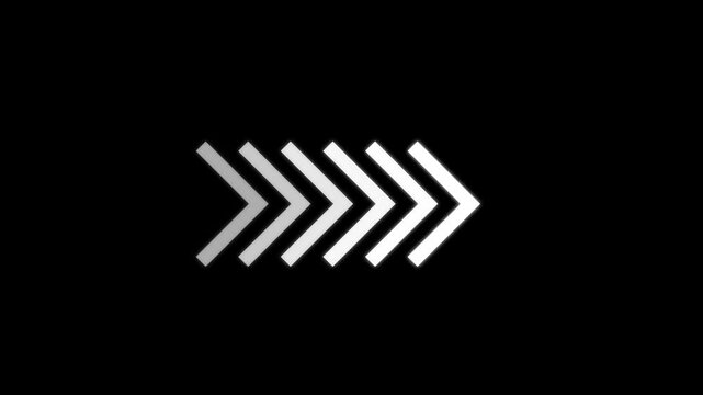 White colour icon right arrow animation on black background. direction arrow icon motion. left to right arrow isolated,  Animated arrows for the overlay video layer. 4k animation.