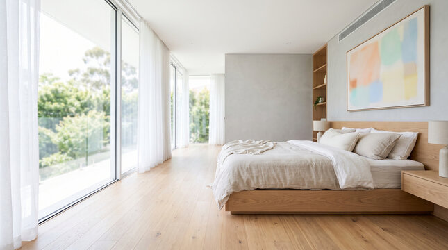 Modern Luxury Bedroom Interior Design Spacious Minimalist Master Bed With Large Window Floor To Ceiling Curtains Bright Bright Sunlight Architecture Real Estate Hotel Concept