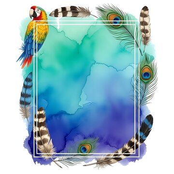 Watercolor gradient frame with macaw parrot and decorative feathers in turquoise, blue and purple tones