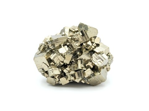 Golden pyrite crystal cluster isolated on white background