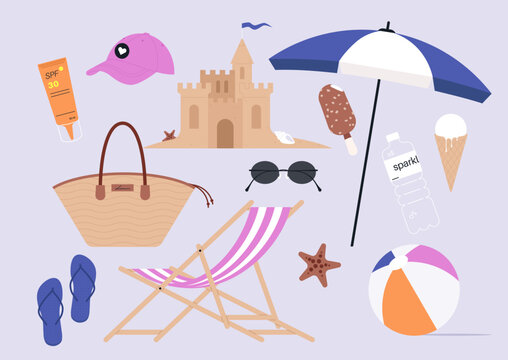 A set of beach summer objects, a sand castle, a striped deck chair, a pair of flip flops, a bottle of SPF filter cream, a scoop of melting ice cream, a cap, an umbrella, an inflatable ball