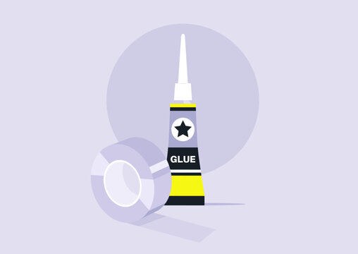 A tube of strong glue stands tall alongside a roll of transparent duct tape, both essential tools for crafting and repairs, The soft pastel background adds a calm touch.