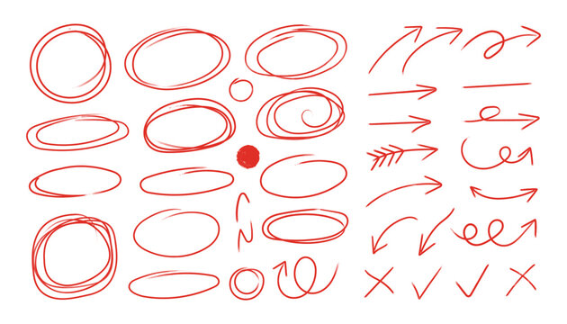 hand drawn red circle marks and doodle arrows set, sketch annotation elements collection with oval highlights, pointer symbols, check marks and freehand editing icons vector illustration