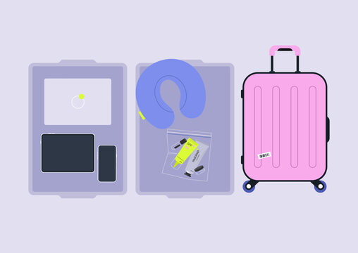 X-ray trays glide down the conveyor belt at the airport, holding various travel items, A pink suitcase awaits nearby, emphasizing the hustle of busy travelers and their security checks.