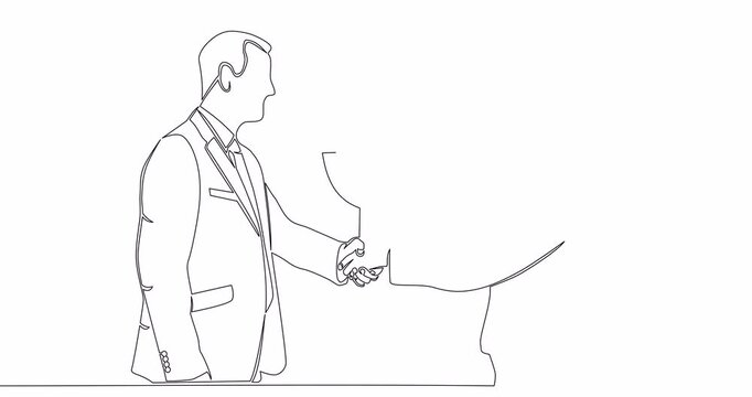 Self drawing line animation Two business partners. Man and woman in business suits shake hands monetary contract dollar symbol continuous one single line drawn concept video