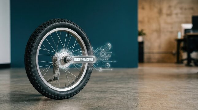 Motorcycle wheel with blue background depicting startup founder independence through removing training wheel