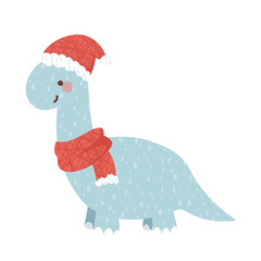 Cute blue brachiosaurus dinosaur wearing santa hat and scarf christmas illustration isolated on white background © Nathapong