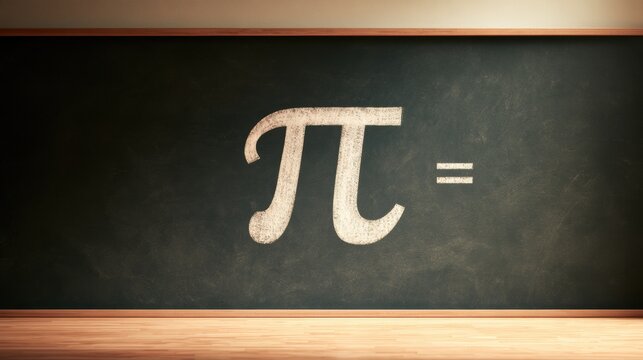A classic blackboard shows the number pi displayed with its value written in chalk.