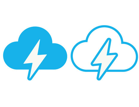 Cloud lightning bolt icon set blue and white isolated on white background