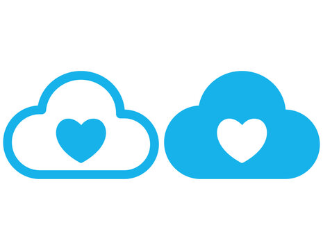 Two blue clouds with white hearts inside isolated on white background
