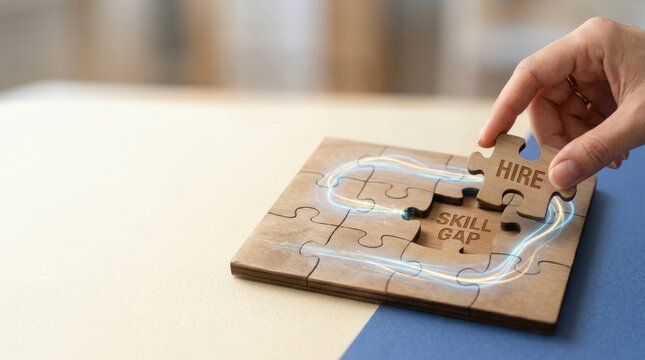 Startup hiring for skill demonstrated by puzzle with missing piece clearly labeled skill being placed