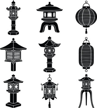 Collection of silhouette Japanese garden lanterns on white background for cultural decoration