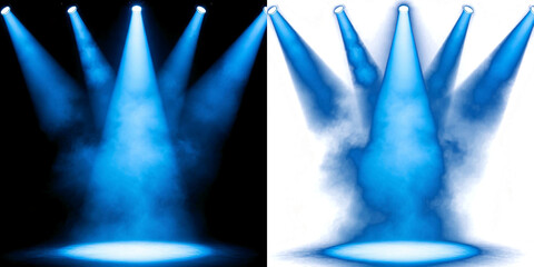 Obraz premium Png of five blue spotlights shining down on a stage floor, creating a dramatic atmosphere with smoke and light beams, isolated on transparent background