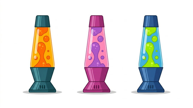 Retro liquid motion lamps with colorful wax bubbles isolated on white background