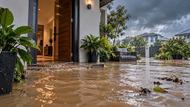 Ground level view of a flooded front entrance with muddy water and submerged outdoor furniture during rain in a contemporary home setting