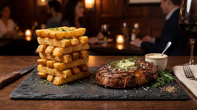 Gourmet Restaurant Grilled Ribeye Steak And Stacked Fries On Slate