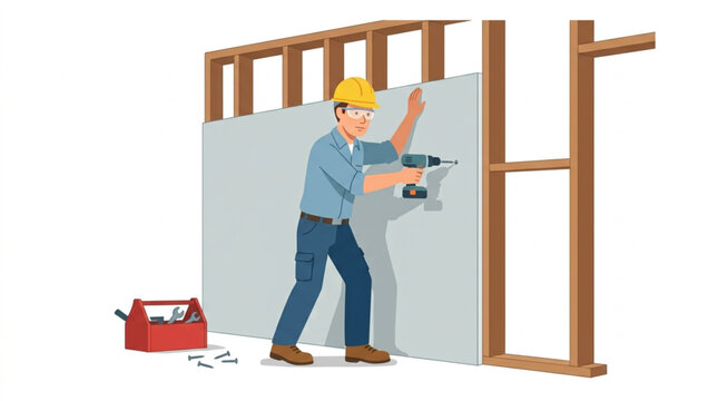 Construction worker installing drywall panel with power drill on timber frame