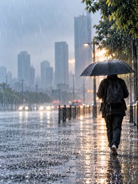 anonymous pedestrian with umbrella walking in heavy rain along a city sidewalk with a blurred urban background and cinematic backlighting