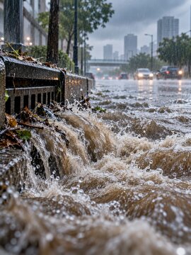 flooded urban street with storm drain overflow and rushing rainwater foreground