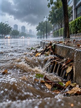 Urban flood around a clogged curbside drain during heavy rainfall with swirling water and leaves