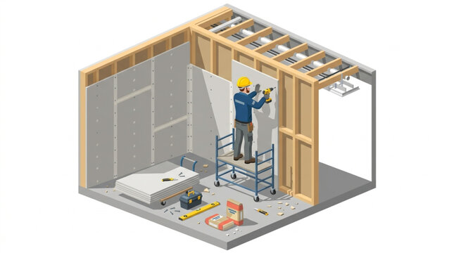 Isometric construction worker installing drywall panels inside framed room
