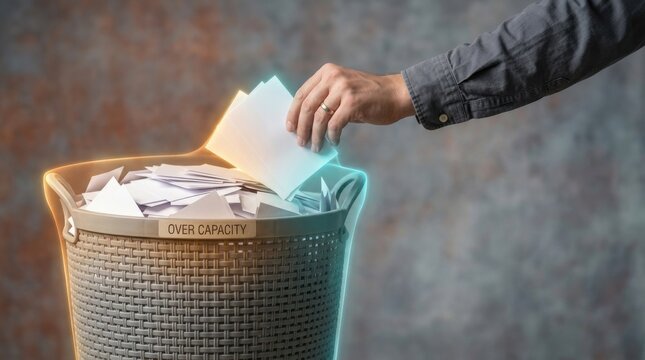 Individual throwing paper into trash bin to illustrate operational overload and task management in startups