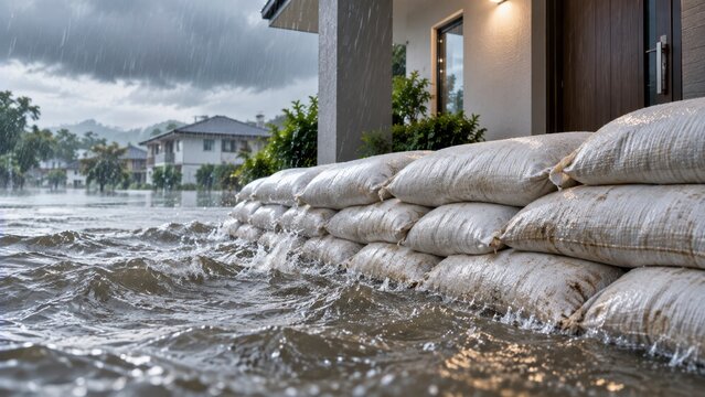 Sandbags form a flood barrier protecting a home against rising water in heavy rain