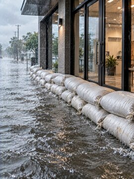 sandbag flood barrier protecting storefront entrance during heavy rain with water outside