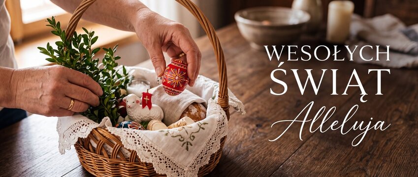 Polish Easter basket traditional swieconka with woman hands placing painted red pisanka egg and lamb figurine on wooden table festive Polish greeting Wesołych Świąt holiday celebration concept backgro