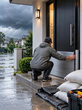 homeowner installs removable flood barrier at doorway as storm approaches