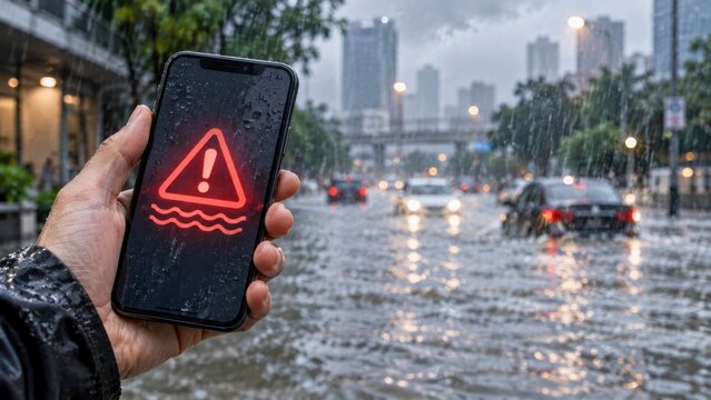 Close up smartphone displaying emergency warning symbol over a flooded urban street in heavy rain