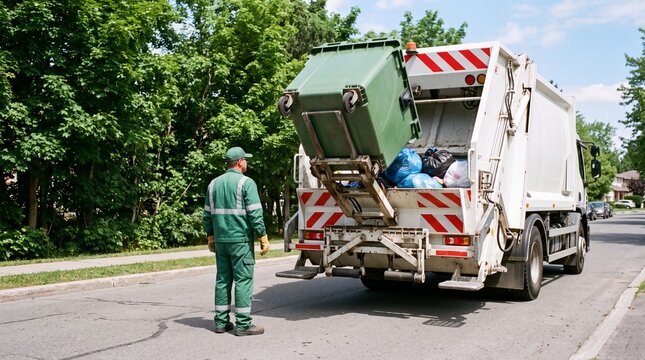 Sanitation Worker Operating Hydraulic Garbage Truck to Empty Waste Container into Compactor on Residential Street