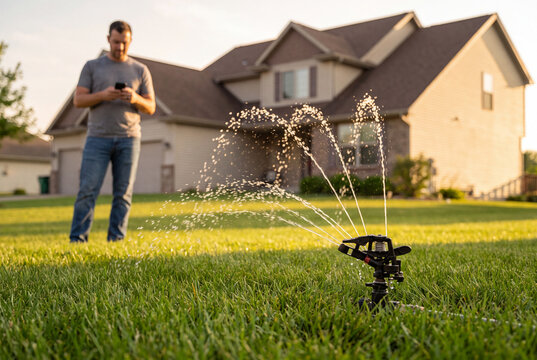 Man Using Smartphone App to Control Lawn Sprinkler System in Front Yard of Suburban Home