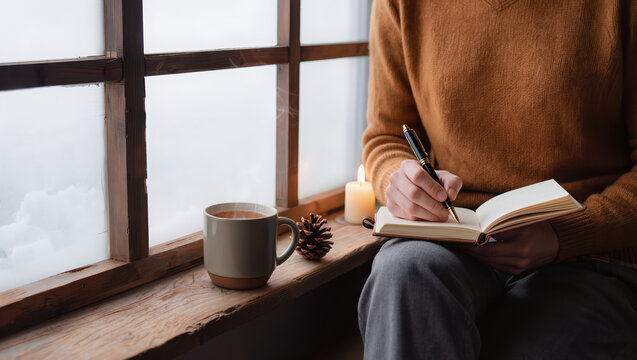 Cozy holiday activities with journal writing beside snowy window