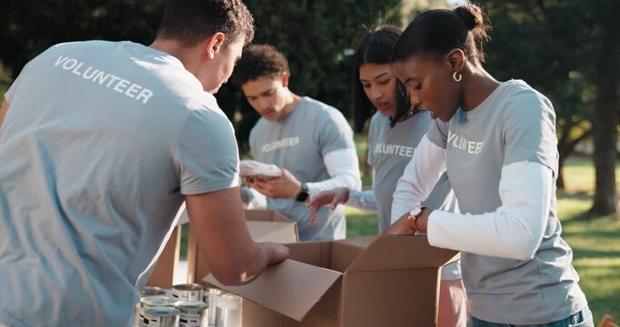 Charity, volunteer team and sorting in park for support, community service or donation for relief. Collaboration, NGO and people for help, aid package and grocery distribution in food nonprofit