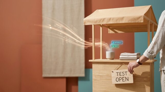 A man testing market demand at a compact pop-up market stall with unbranded product sample displayed on wooden stand