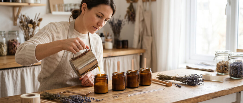 Woman pouring herbal oil into amber glass bottle for holiday activities