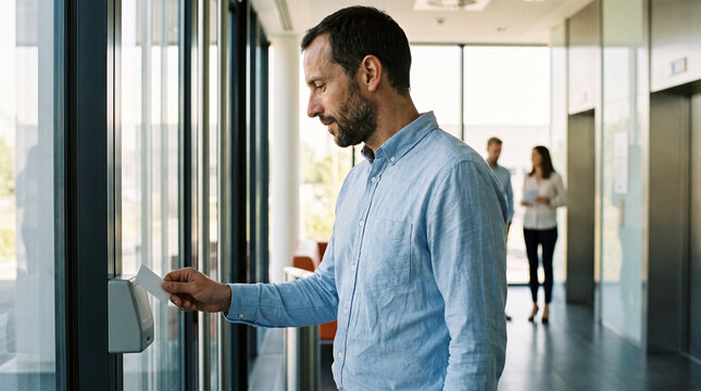 Man tapping an ID badge against a keycard reader at an office entrance