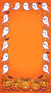 happy halloween vertical background with cute ghost and jack o lantern pumpkin border or frame and copy space in the middle
