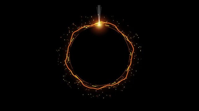 Abstract fiery solar eclipse ring with glowing embers and a radiant flare on black background