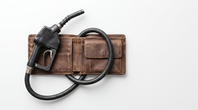 Fuel nozzle and hose tightly wrapped around a brown leather wallet, illustrating rising gas prices and financial strain, isolated on white background