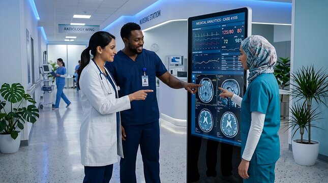 Doctors analyzing brain scans in hospital