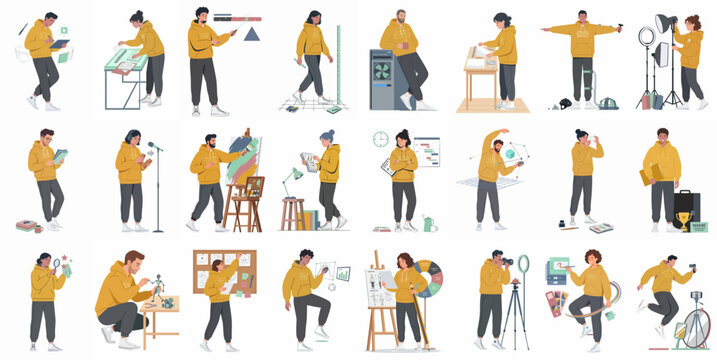 Collection of flat character illustrations featuring a person in a yellow hoodie engaged in various creative hobbies and professional occupations