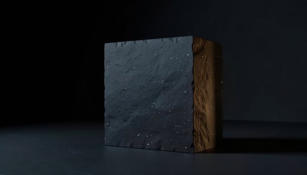 Rectangular dark stone monolith on a dark surface with subtle ambient lighting.