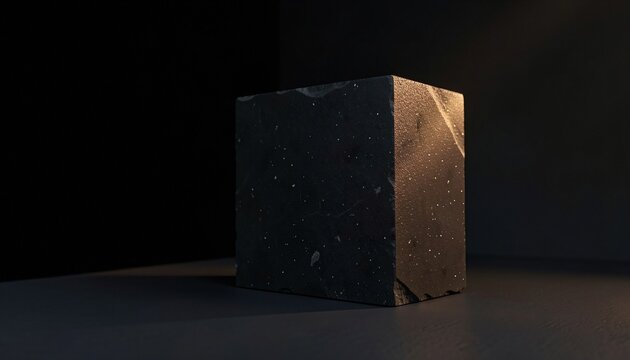 Dark stone block with metallic speckles illuminated by a single light beam.