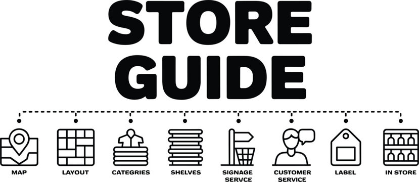 Supermarket store guide navigation system thin line icons for retail map layout shelves and customer service